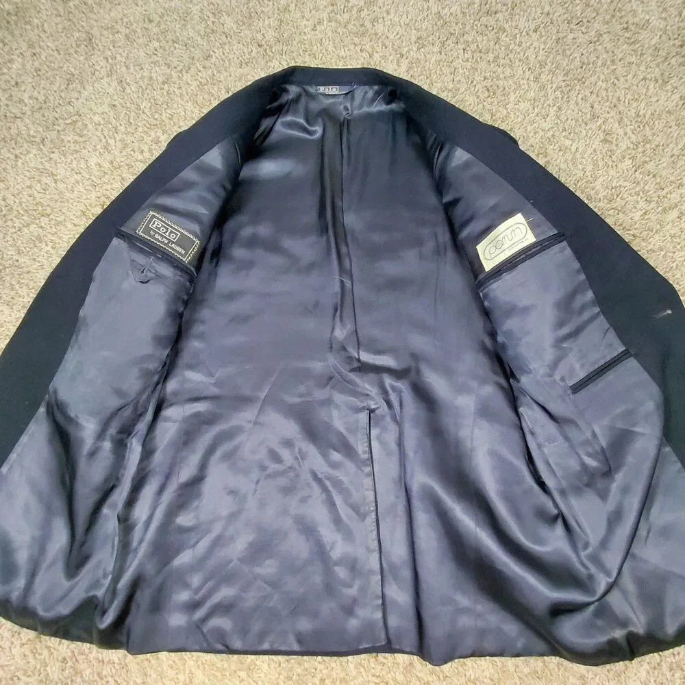 Vintage Polo Ralph Lauren Blazer Mens 42L Navy Blue Wool Gold Buttons Two Button